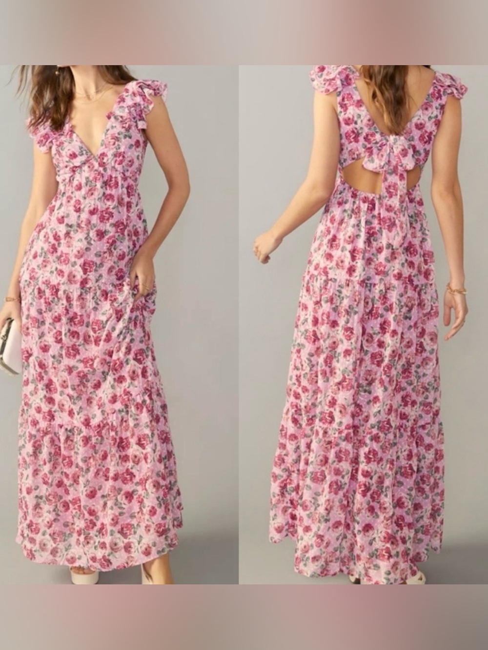 Audrey Parks x Franchesca's Palmer Floral Tie Back Maxi Dress Sz L Prairie